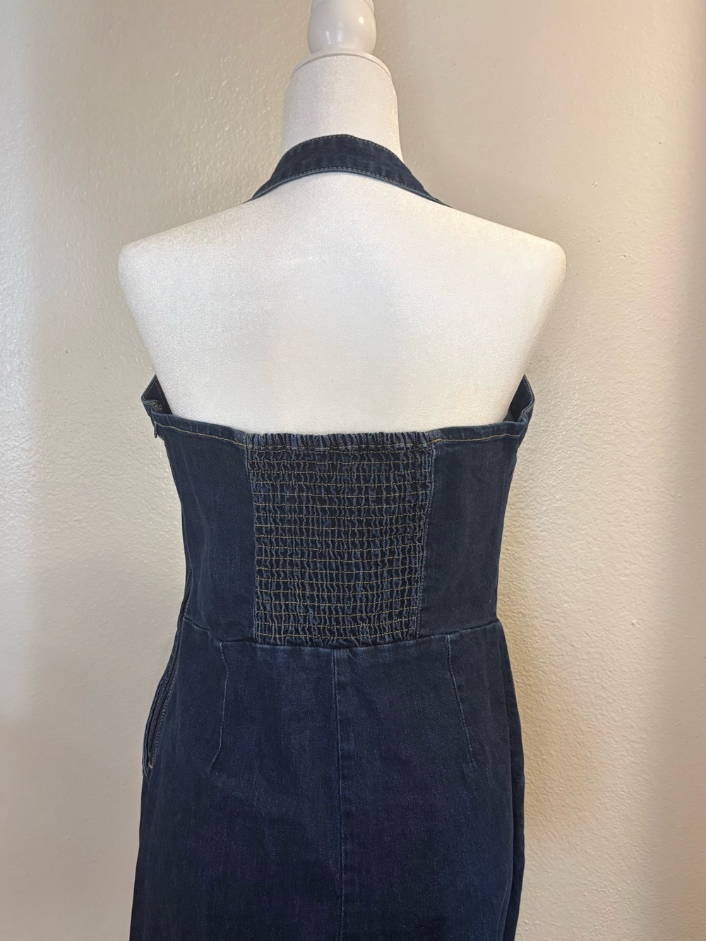 Bebe Halter Neck Buckle Detail Wide Leg Denim Jumpsuit - Picture 10 of 11